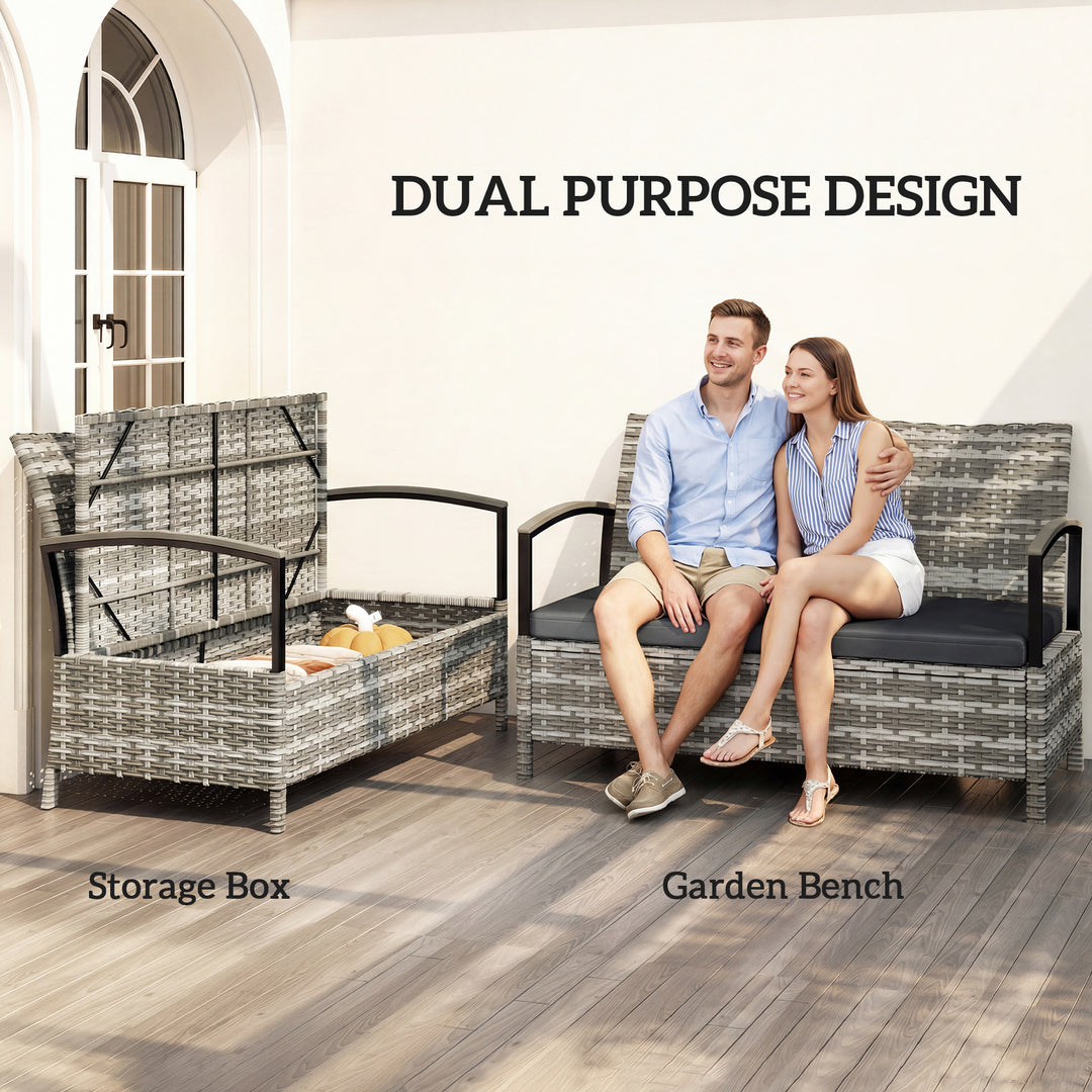 125L Garden Storage Bench, 2 Seater PE Rattan Outdoor Bench Storage Bo