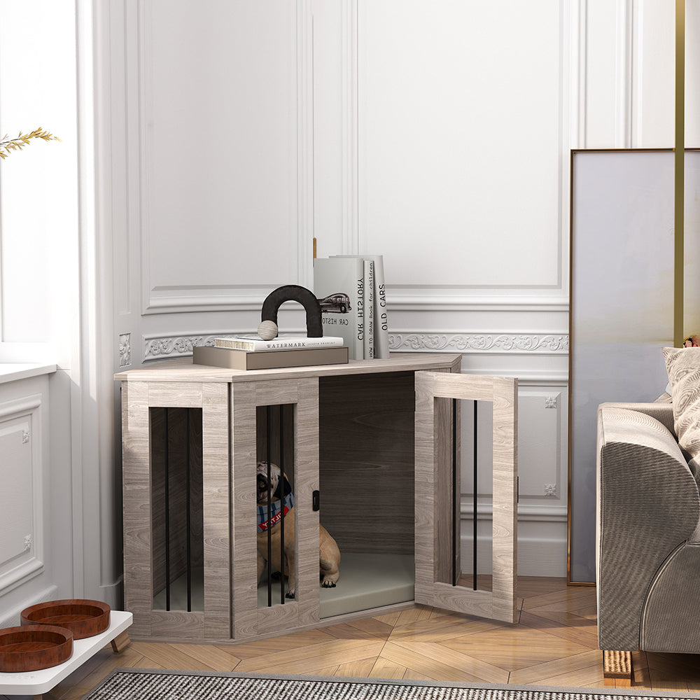Dog Crate Furniture Side Table, with Cushion, 104 x 55 x 63cm - Walnut Brown