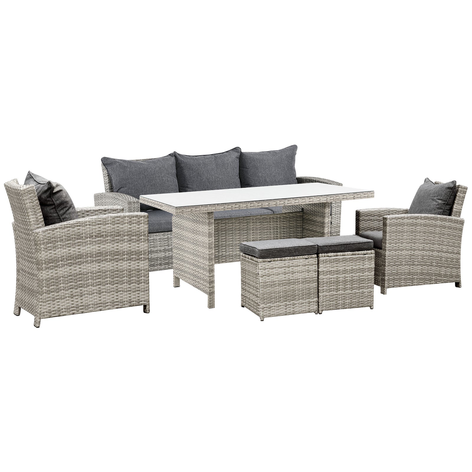 6 Pieces PE Rattan Garden Furniture Set with Three-seat, Armchairs and Footstools, Aluminium Patio Wicker Dining Sets w/ Glass Top Dining Table, Soft Cushion, Light Grey