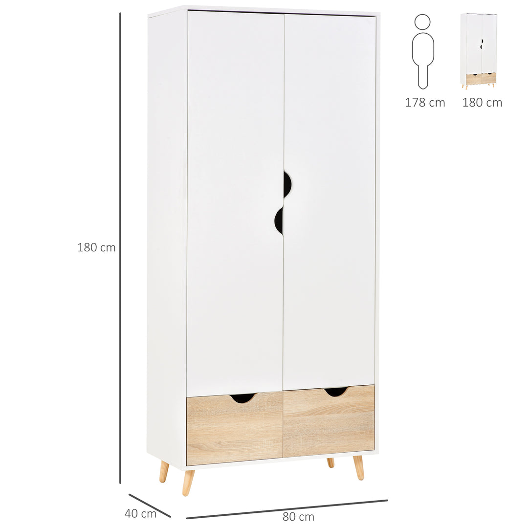 HOMCOM 2-Door Clothes Wardrobe w/ Rail Shelf 2 Drawers Wood Feet Elegant Home Storage Organisation Furniture Dresses Coats Blankets White | Aosom UK