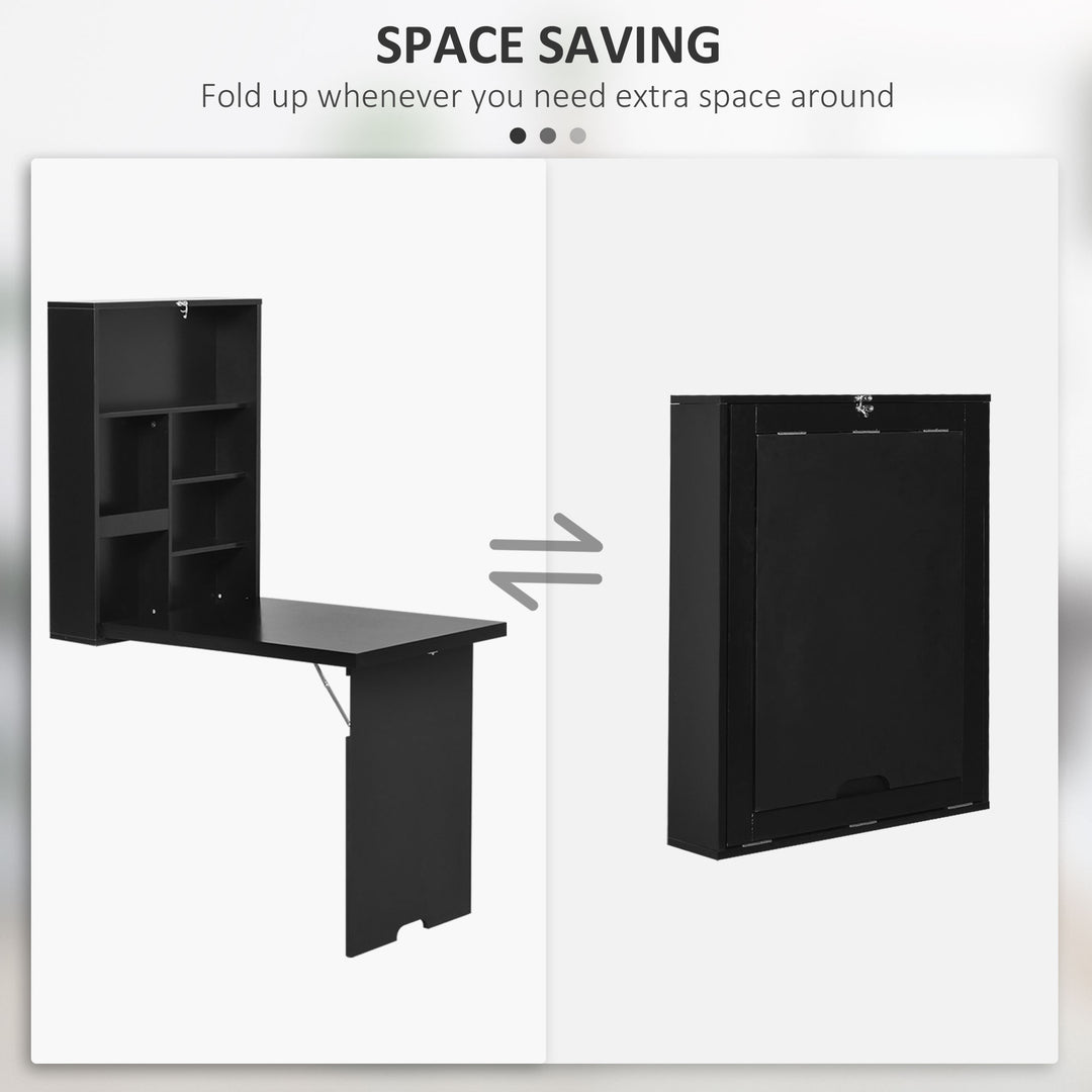 Folding Wall-Mounted Drop-Leaf Table, Convertible Wall Table With Chalkboard and Storage Shelf, Multifunctional Floating Desk for Home Office, Black