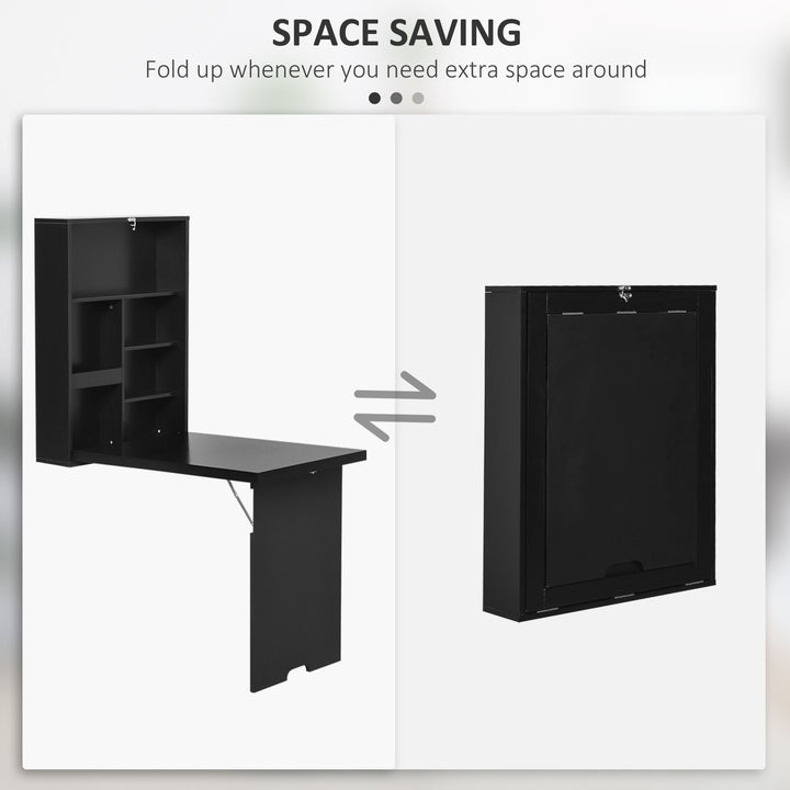 Folding Wall-Mounted Drop-Leaf Table, Convertible Wall Table With Chalkboard and Storage Shelf, Multifunctional Floating Desk for Home Office, Black