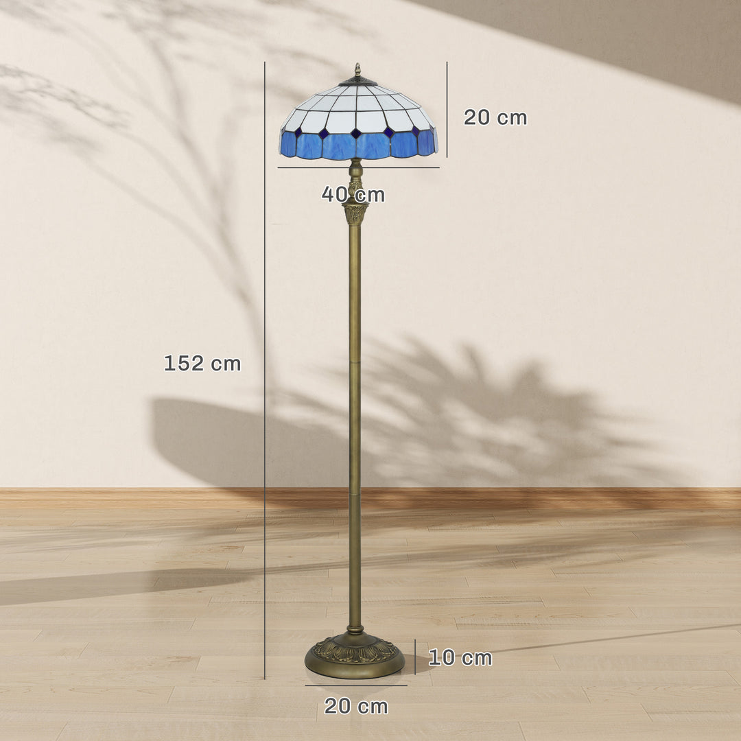 MCL Tiffany-Style Floor Lamp with Handcrafted Stained Glass Shade, 152cm Tall Vintage Standing Lamp with Foot Switch and Dual Sockets for Living Room Bedroom, Bronze Tone and Blue