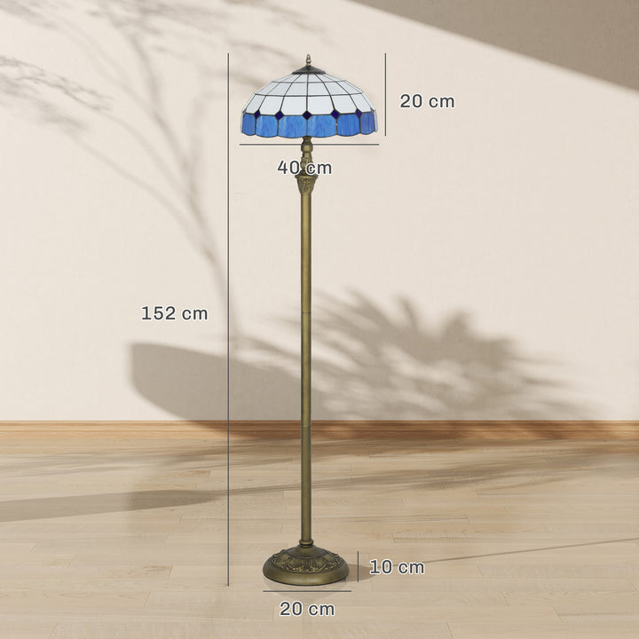 MCL Tiffany-Style Floor Lamp with Handcrafted Stained Glass Shade, 152cm Tall Vintage Standing Lamp with Foot Switch and Dual Sockets for Living Room Bedroom, Bronze Tone and Blue