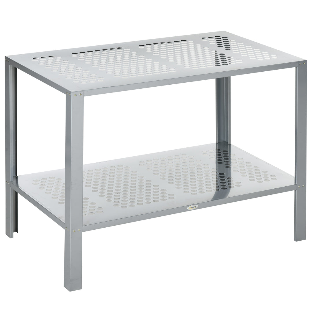 2-Tier Plant Stand, Corner Plant Shelf for Outdoor and Indoor Storage Organizer, Freestanding Flower Rack with Steel Frame, Mesh Board, Silver