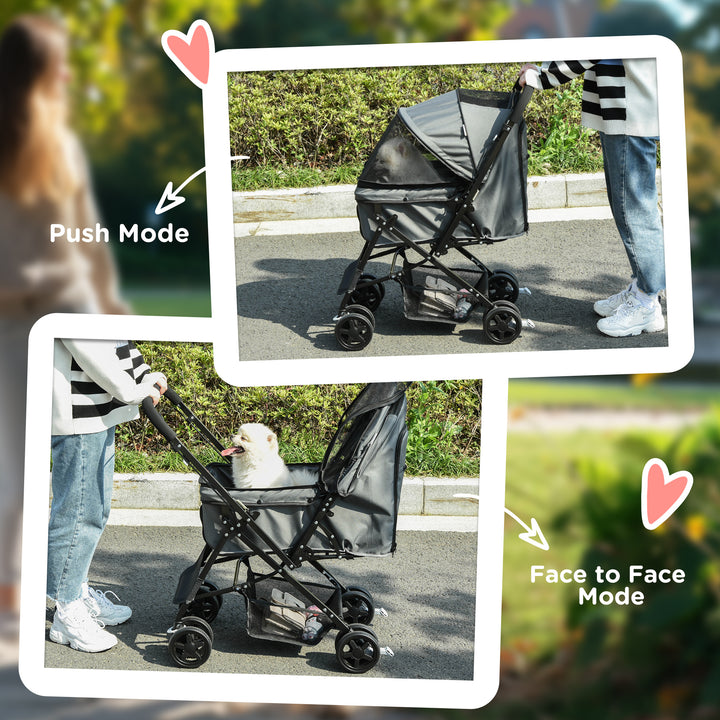 Pet Stroller Pushchair Foldable Travel Dog Cat Carriage w/ Reversible Handle Brake Basket