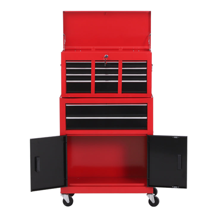 Tool Chest, Metal Tool Cabinet on Wheels with 6 Drawers, Pegboard, Top Chest and Roller Cabinet Combo, 61.6 x 33 x 108cm, Red and Black