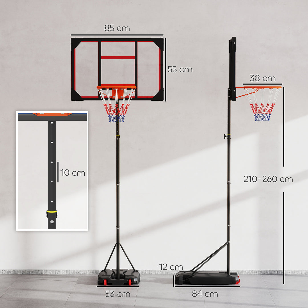 Basketball Hoop Outdoor Indoor, 210-260cm Height Adjustable Basketball Hoop with Wheels, Larger Base, for 6+ Years