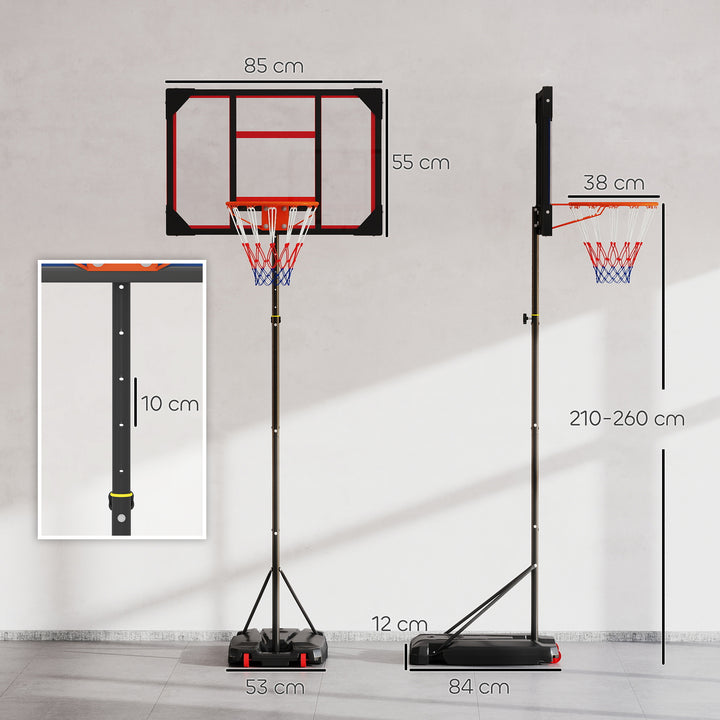 Basketball Hoop Outdoor Indoor, 210-260cm Height Adjustable Basketball Hoop with Wheels, Larger Base, for 6+ Years