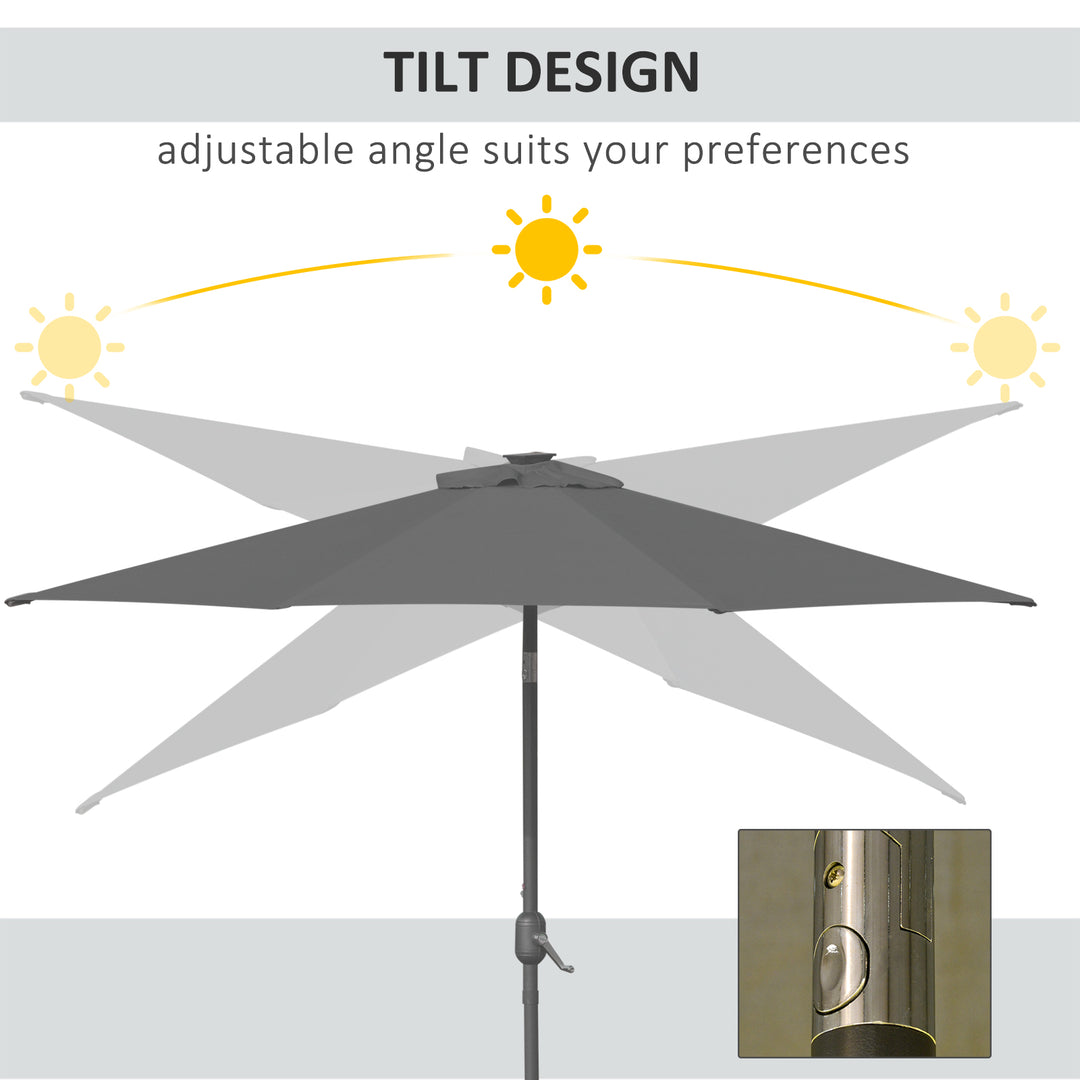 2.7m Patio Garden Umbrella Outdoor Parasol with Tilt Crank and 24 LEDs Lights (Grey)