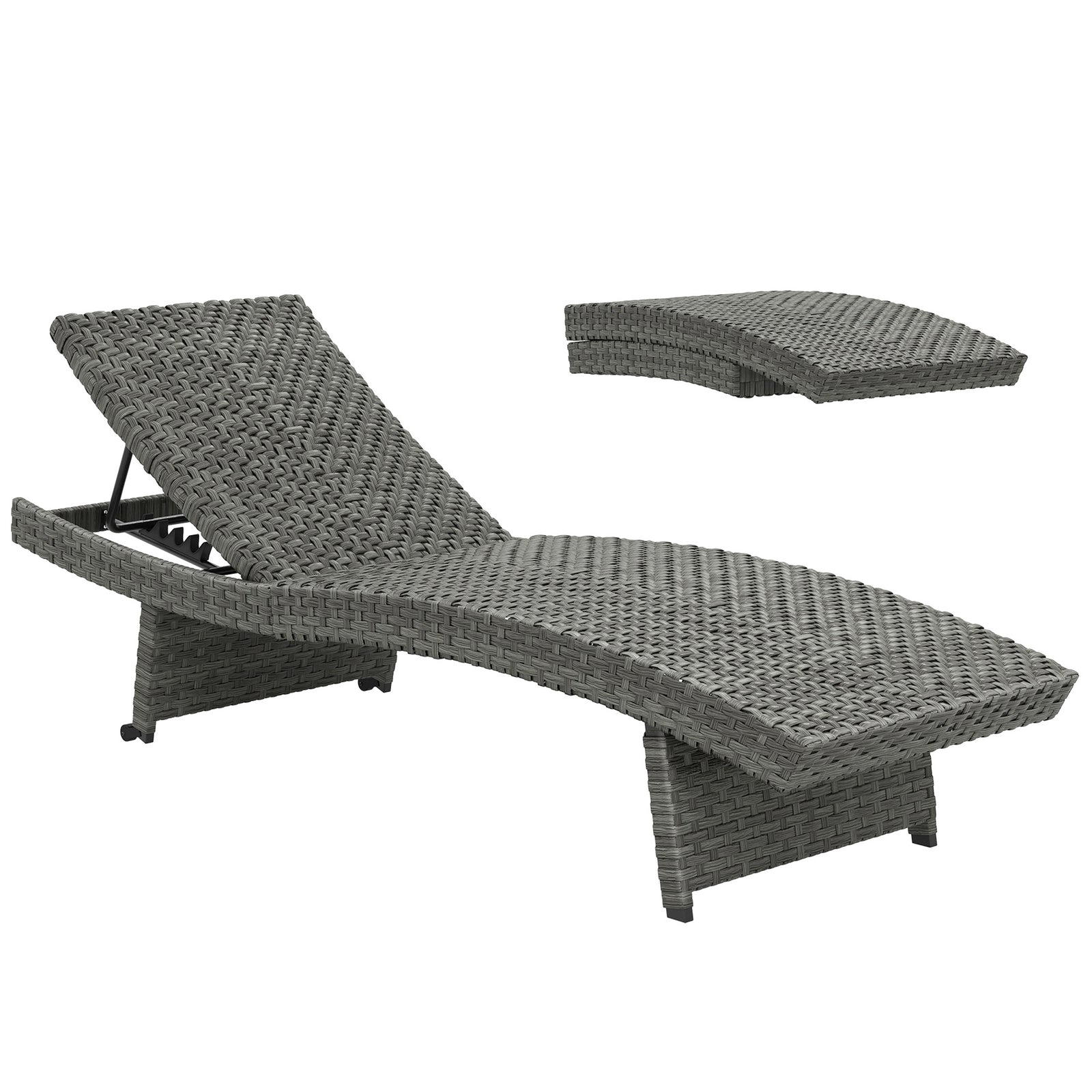 Outdoor PE Rattan Sun Lounger, Folding Wicker Garden Lounger Recliner with 4-Level Adjustable Backrest, Rolling Sunbed Lounge Chair with Wheels, Non-Slip Legs for Balcony, Beach, Mixed-grey