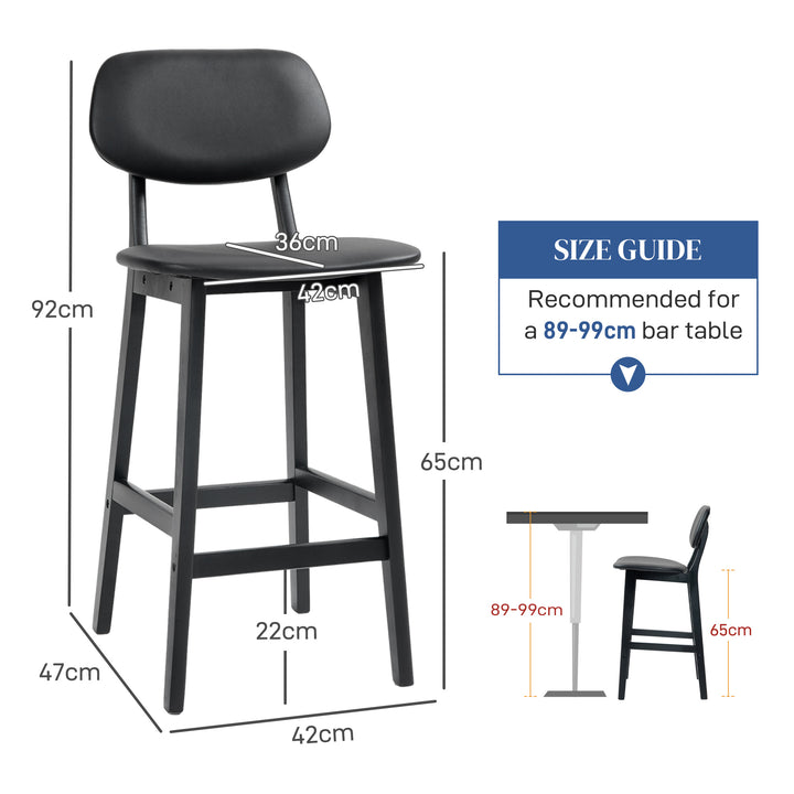 Set of Two Wooden Classic Bar Stools, with Faux Leather Seats - Black