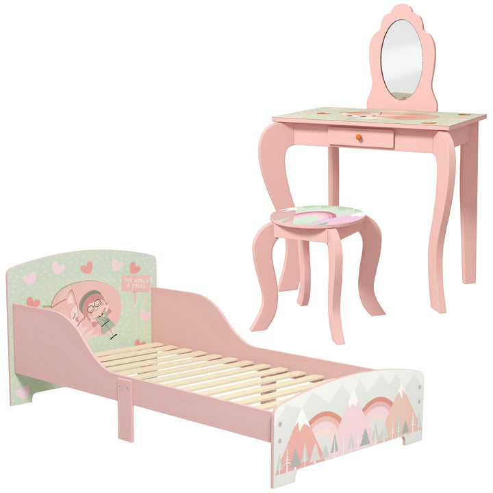 ZONEKIZ Toddler Bed Frame, Kids Dressing Table with Mirror and Stool, Cute Animal Design Kids Furniture Set for Ages 3-6, Pink | Aosom UK