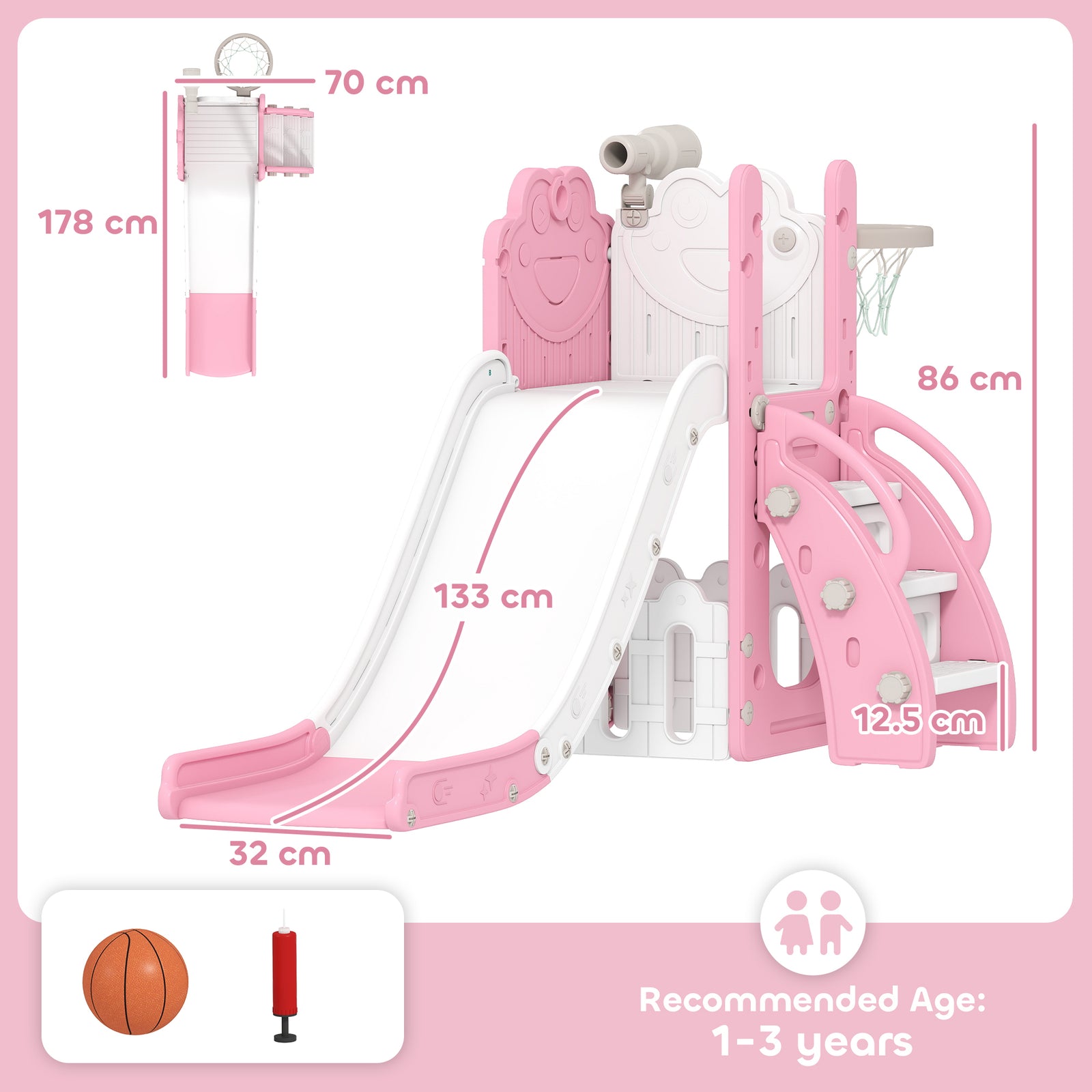 5 in 1 Kids Slide Set with Basketball Hoop, Climbing Frame, Telescope,