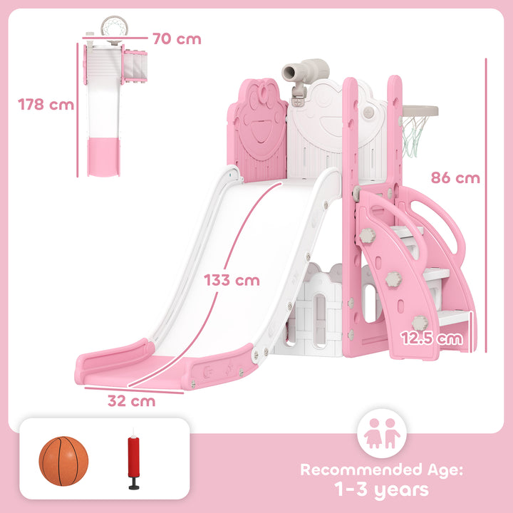 5 in 1 Kids Slide Set with Basketball Hoop, Climbing Frame, Telescope,