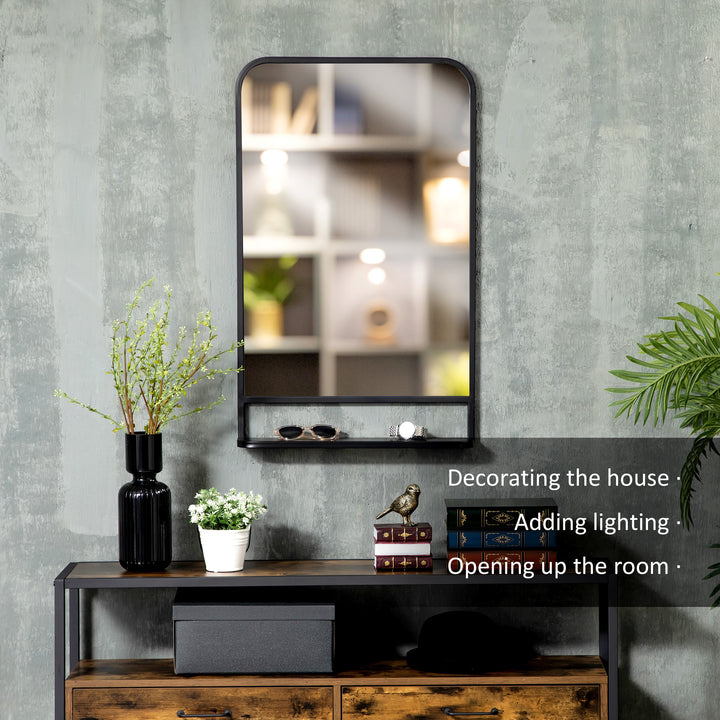 Modern Square Wall Mirror with Storage Shelf, 86 x 53 Mirrors for Living Room, Bedroom, Black