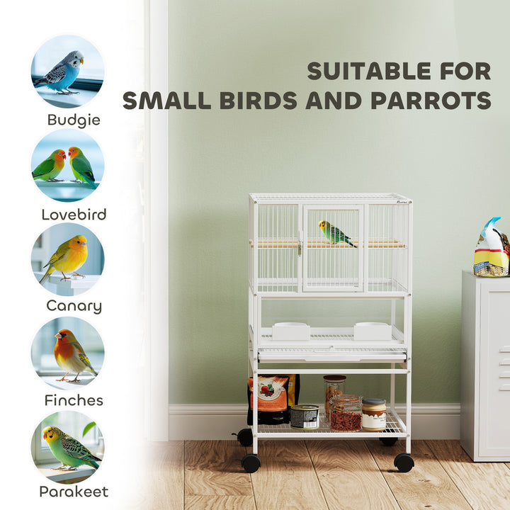 Bird Cage with Rolling Stand, Acrylic Viewing Panels, Storage Shelf, for Budgie, Parakeet, 48 x 46 x 83 cm