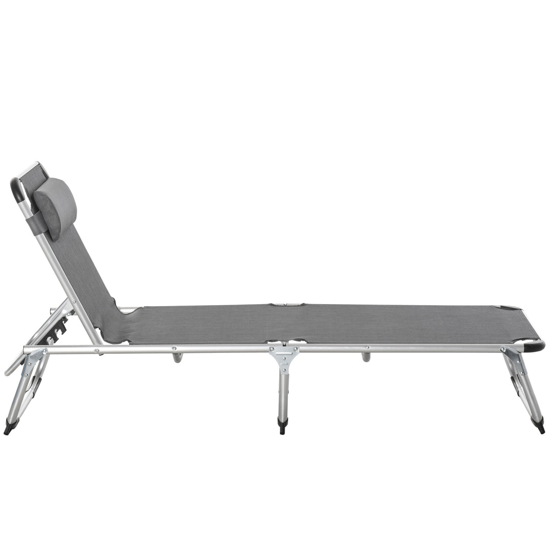 Foldable Outdoor Sun Lounger, Reclining Lounge Chair Camping Bed Cot with Pillow 4-Level Adjustable Back Aluminium Frame, Dark Grey