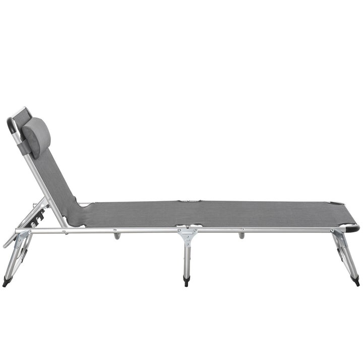 Foldable Outdoor Sun Lounger, Reclining Lounge Chair Camping Bed Cot with Pillow 4-Level Adjustable Back Aluminium Frame, Dark Grey