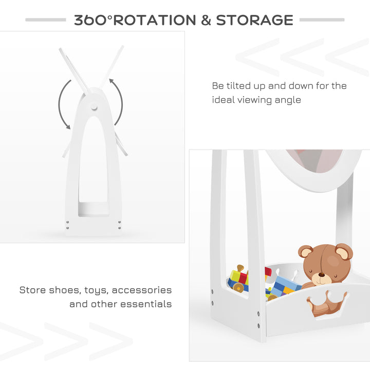 Kids Clothes Rail and Mirror Set 360° Rotation Free Standing Full Length Mirror and Hanging Rack with Storage Shelves Child's Dressing Mirror Garment Wardrobe White