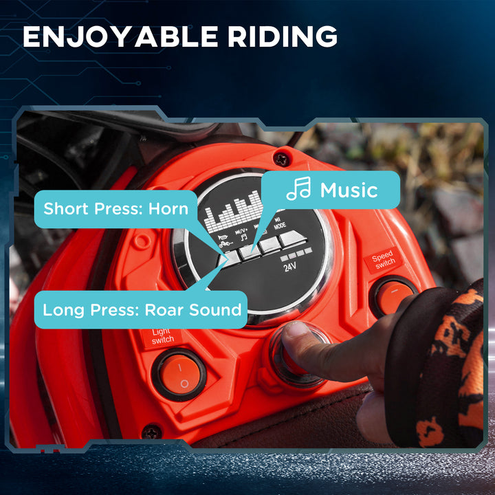 24V Electric Motorbike with Twist Grip Throttle, Music, Horn, 12" Pneumatic Tyres, 16km/h Max Speed - Red