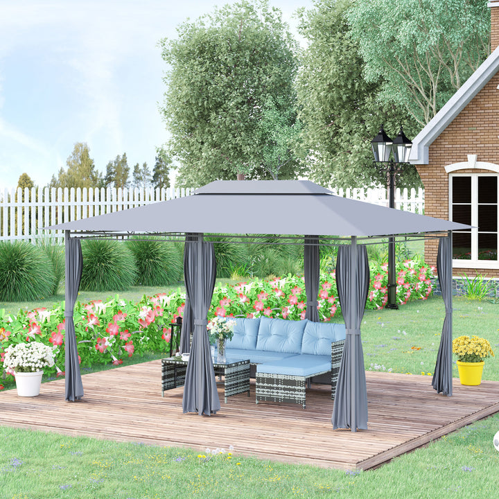 Outsunny 10 x 13ft Metal Gazebo Outdoor 2-Tier Steel Frame Gazebo with Curtains Outdoor Backyard, Black/Grey | Aosom UK