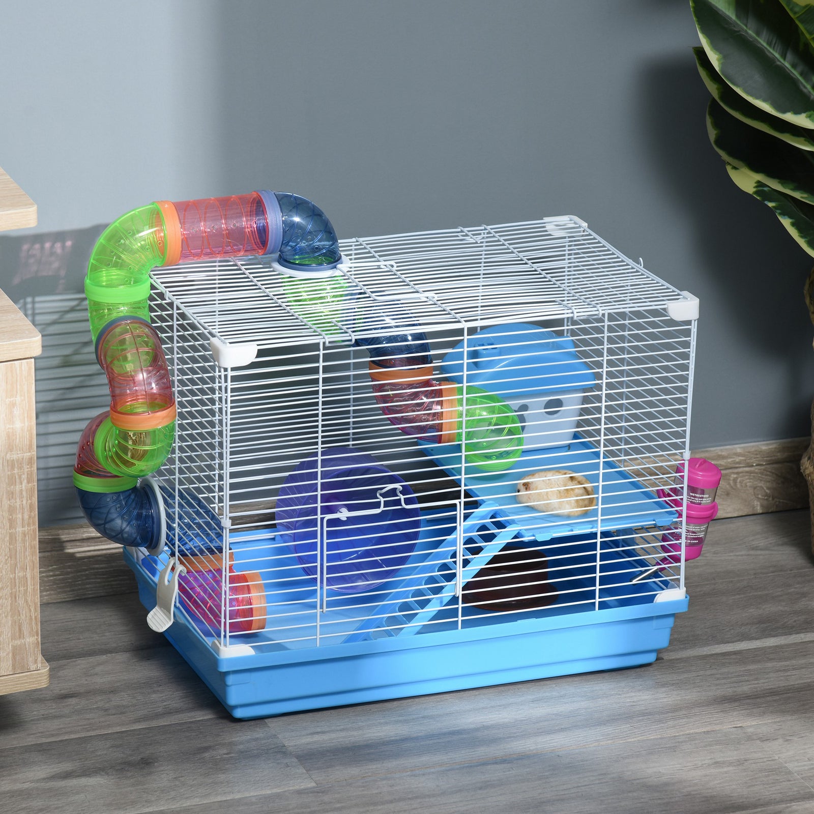 2 Tier Hamster Cage, Gerbil Cage with Handle, Exercise Wheels, Tunnel, Tube, Water Bottle, Dishes, Ladder, for Dwarf, Blue