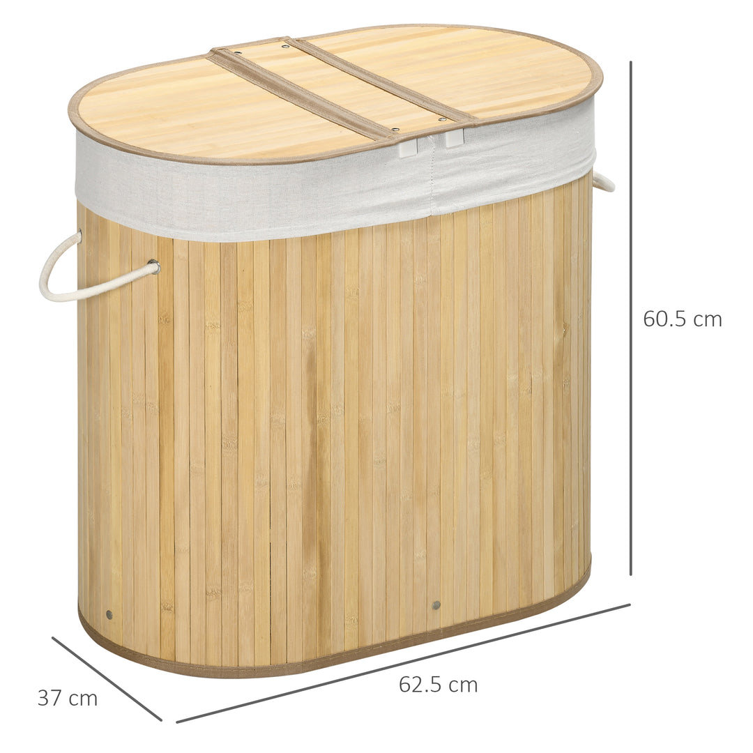 HOMCOM Bamboo Laundry Basket w/ Lid, 100 Litres Laundry Hamper w/ 2 Sections Removable Washable Lining Washing Baskets 62.5 x 37 x 60.5cm | Aosom UK