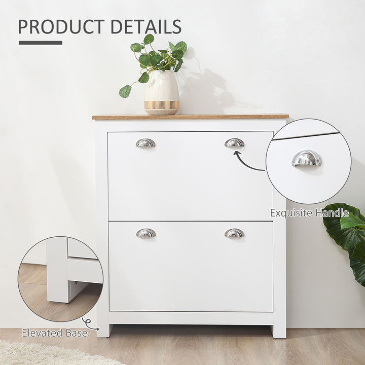 2 Drawer Shoe Cabinet Modern Narrow Shoe Cupboard Hallway Wooden Storage Organiser with Flip Doors Adjustable Shelf for 6-12 Pairs, White