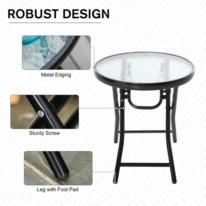 MCL Foldable Garden Table, Round Folding Table with Glass Tabletop and Safety Buckle for Patio, Garden, Outdoor, Indoor, Black