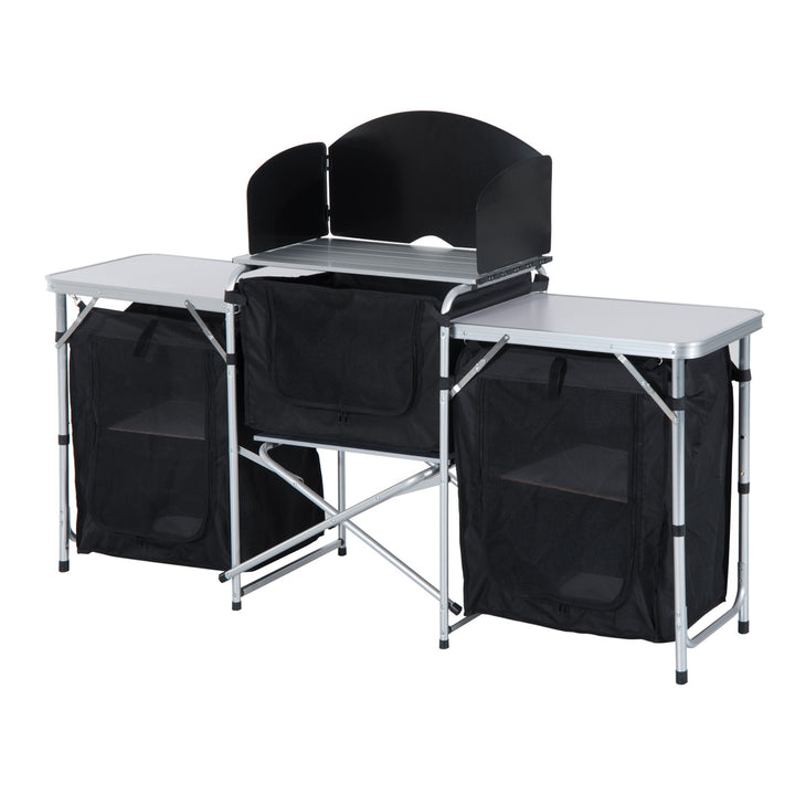 Outsunny Portable Folding Camping Kitchen Table with Windscreen, Storage Cupboards, Aluminium Frame for BBQs, Parties, Picnics | Aosom UK