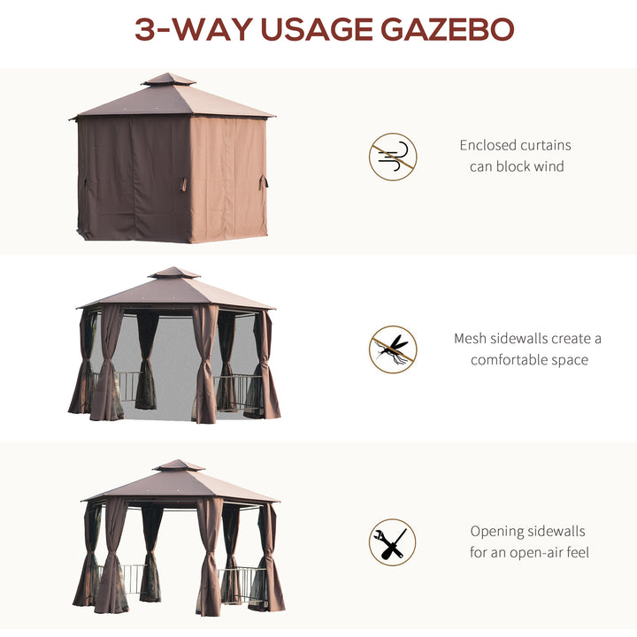 3 x 3(m) Hexagon Gazebo Patio Canopy Party Tent Outdoor Garden Shelter w/ 2 Tier Roof & Side Panel - Brown