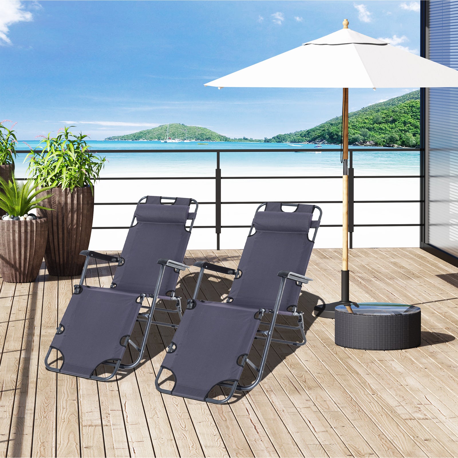 2 in 1 Folding Sun Lounger Reclining Garden Chair Set of 2 with 2-Level Adjustable Backrest, Outdoor Zero Gravity Recliner Garden Chairs with Head Pillow and Armrests, Grey