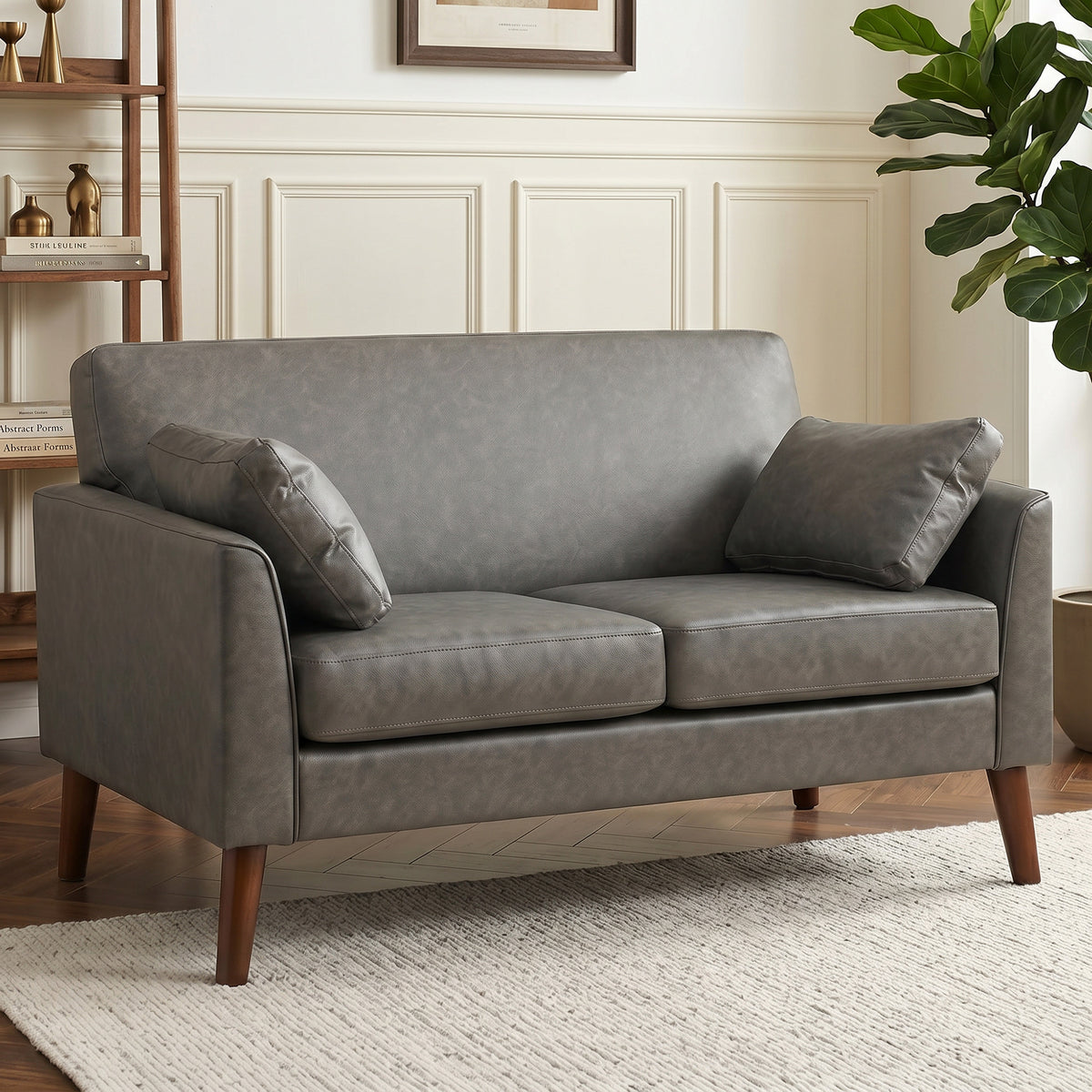 2 Seater Sofa, 132 cm Modern Small Sofa with Solid Wood Legs and 2 Pil