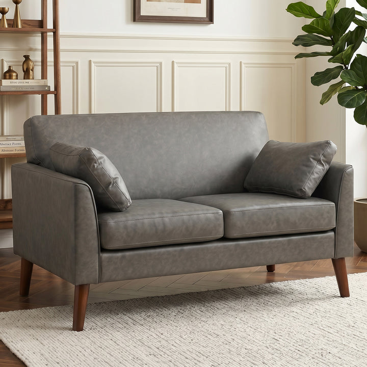 2 Seater Sofa, 132 cm Modern Small Sofa with Solid Wood Legs and 2 Pil