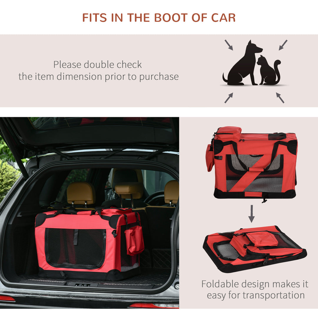 MCL Foldable Pet Carrier for Small and Miniature Dogs, Portable Cat Carrier Soft Side Pet Travel Crate with Removable Mat, Storage Bags, Breathable Mesh Window 60 x 42 x 42cm - Red