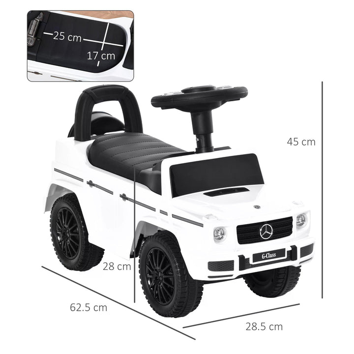 HOMCOM Mercedes-Benz G350 Baby Rider: Foot-to-Floor Slider with Push Handle, Horn & Storage, White | Aosom UK