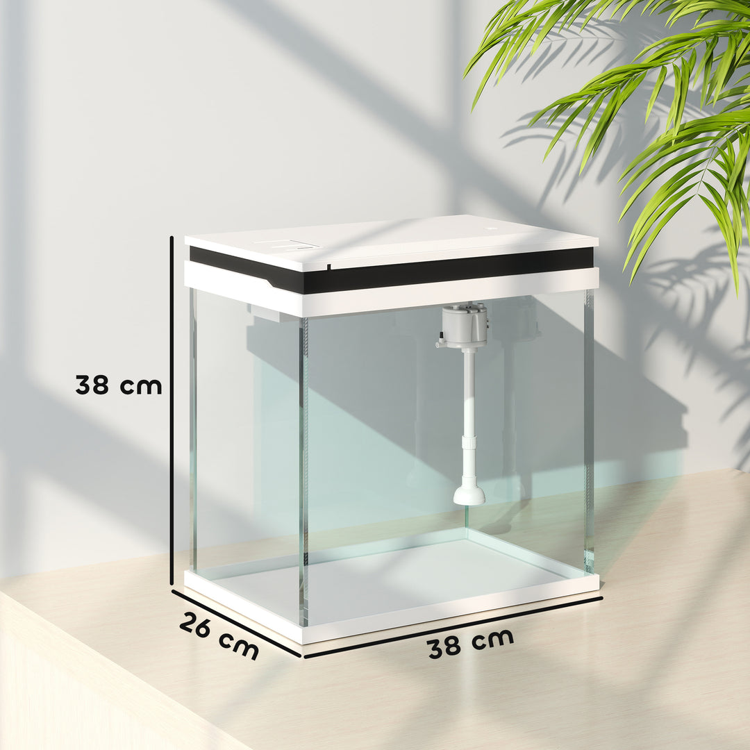 26L Glass Fish Tank With Filter System, LED Lights, Water Pump, White