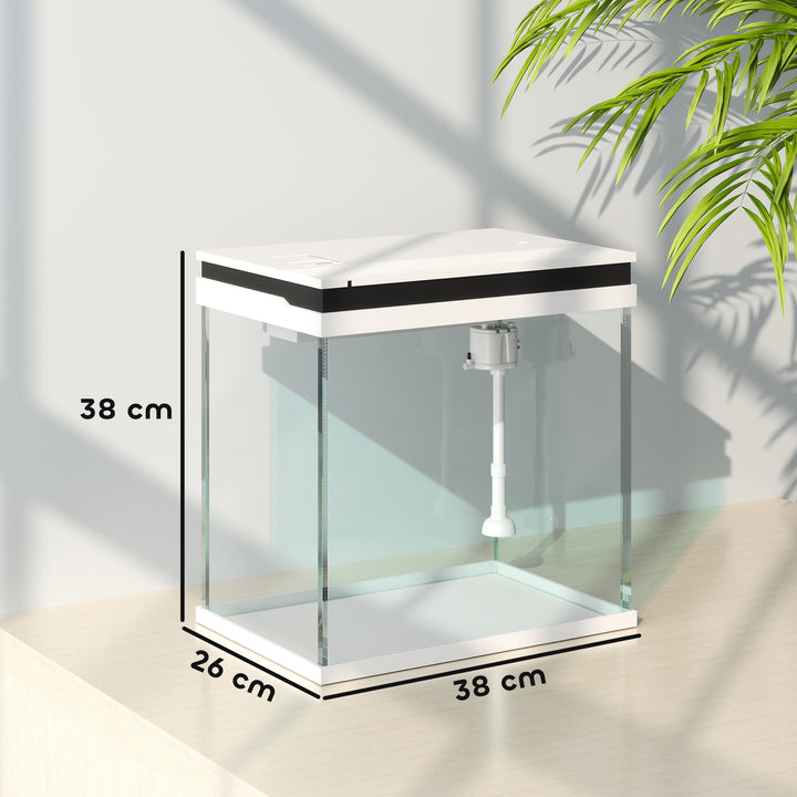 26L Glass Fish Tank With Filter System, LED Lights, Water Pump, White