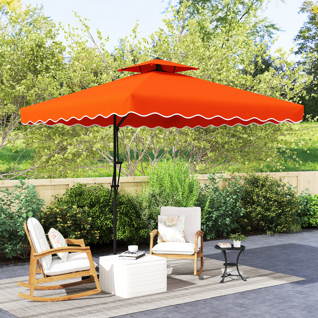 2.5m Cantilever Parasol with Easy Lever, Square Double Top Garden Parasol Umbrella with Ruffles and Cross Base, Overhanging Outdoor Sun Shades, Orange