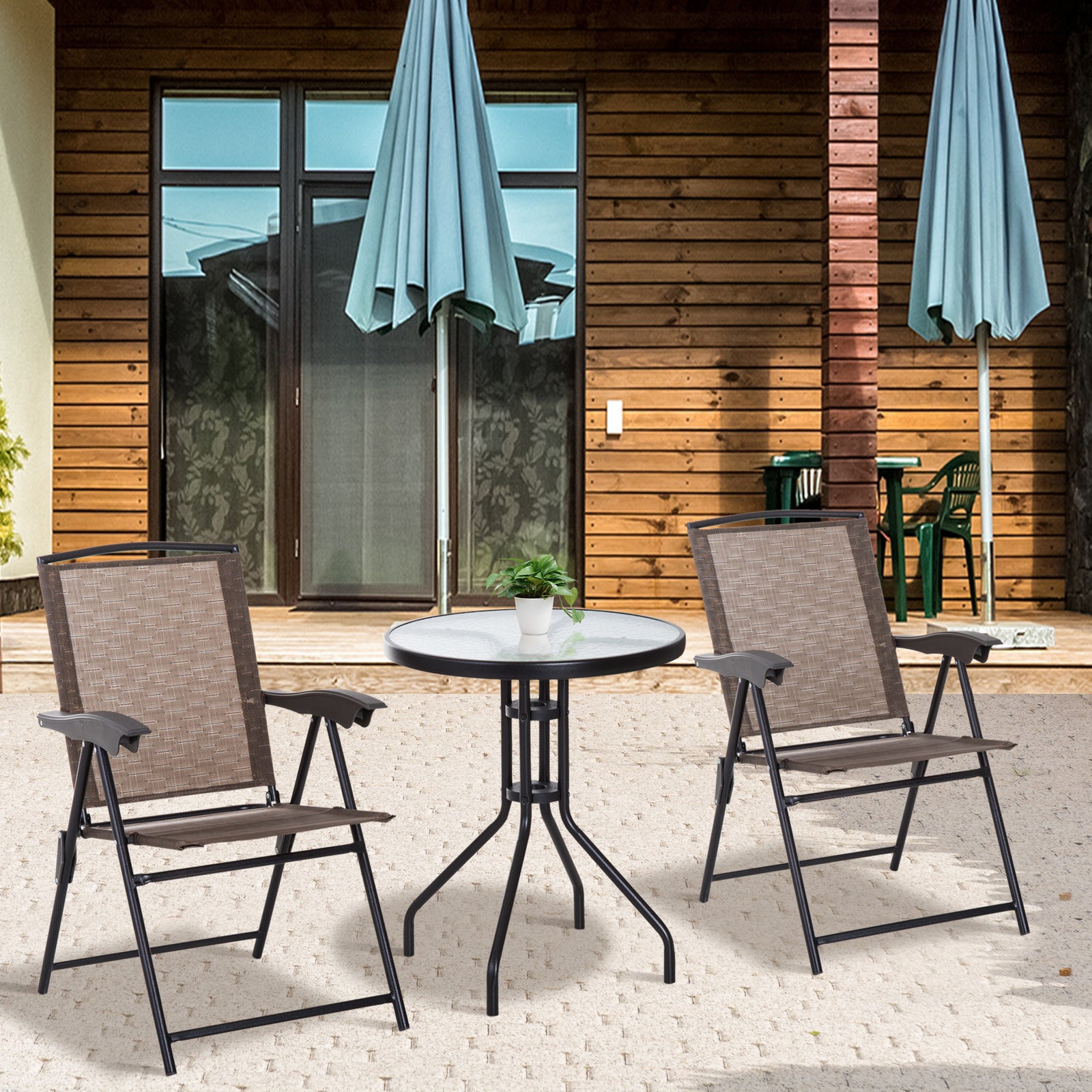 3 Piece Outdoor Bistro Set, Patio Conversation Furniture Set with 2 Folding Backrest Adjustable Armchairs and Glass Top Coffee Table, Brown