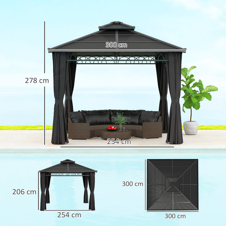 3 x 3 (m) Outdoor Polycarbonate Gazebo, Double Roof Hard Top Gazebo with Galvanised Steel Frame, Nettings & Curtains for Garden, Lawn, Patio and Deck, Dark Grey