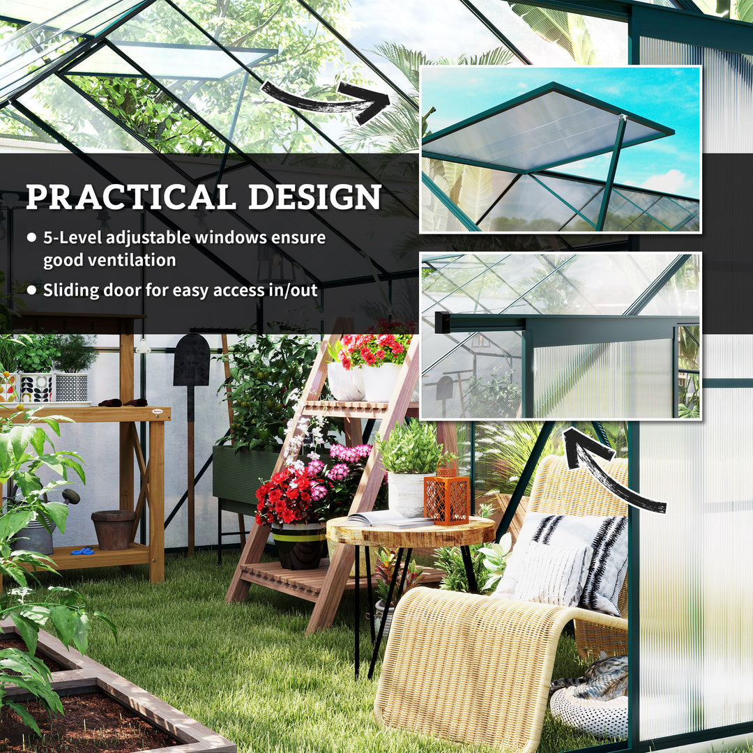 8 x 12ft Aluminium Greenhouse Polycarbonate Walk-in Garden Greenhouse Kit with Adjustable Roof Vent, Double Sliding Door, Rain Gutter and Foundation, Clear