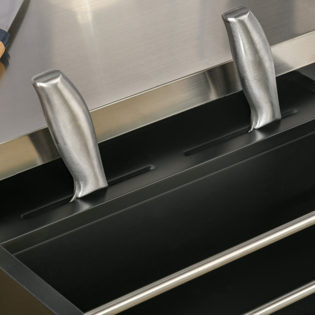 MCL Wooden Kitchen Island on Wheels, Serving Cart Storage Trolley with Stainless Steel Top, Drawer, Side Handle and Rack, Black