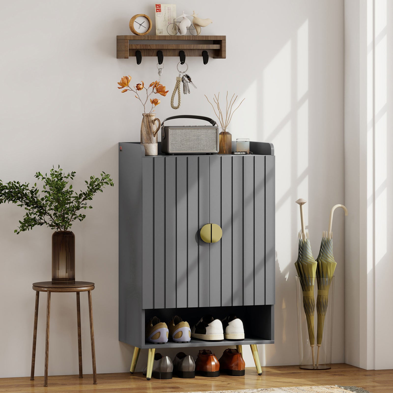 Modern Shoe Cabinet with 2 Doors, Open Shelf and Adjustable Shelves, 15 Pair Hallway Shoe Cupboard, Entryway Storage Unit, Grey