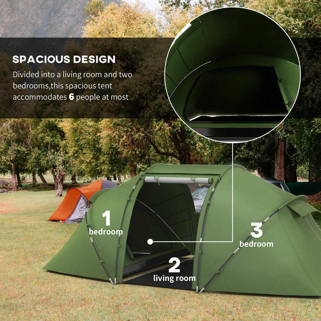 4-6 Man Camping Tent with Living Area and 2 Bedrooms, Hiking Sun Shelter, UV Protection Tunnel Tent, Dark Green