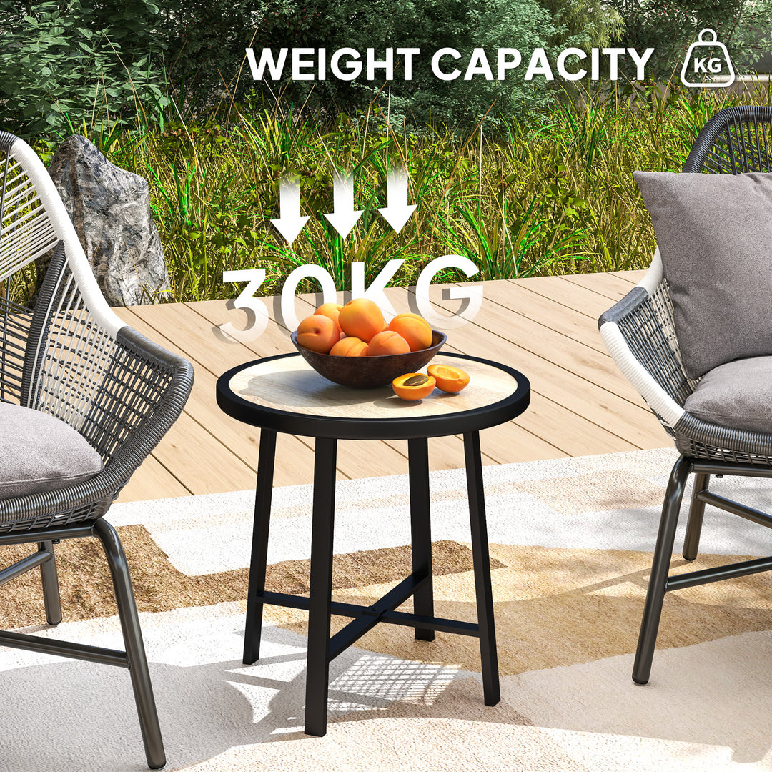 Round Small Garden Table, 50.5cm Outdoor Side Table with SPC Tabletop, Metal Frame and Anti-slip Foot Pads for Garden, Balcony, Nature Wood Finish
