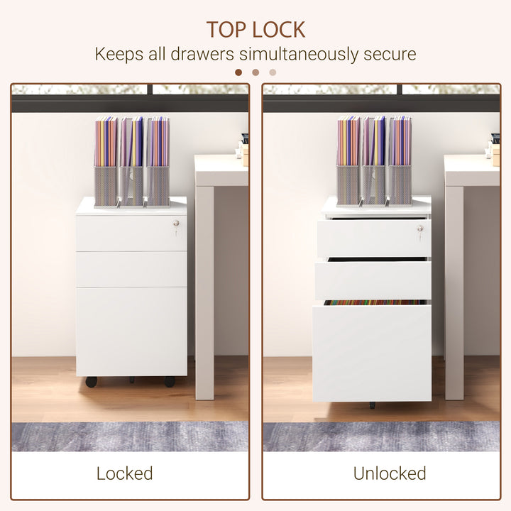 3-Drawer Vertical Filing Cabinet with Pencil Tray, Lock and 5 Wheels, Steel Mobile File Cabinet, for A4, Legal and Letter Size, Pre-Assembled Body, White