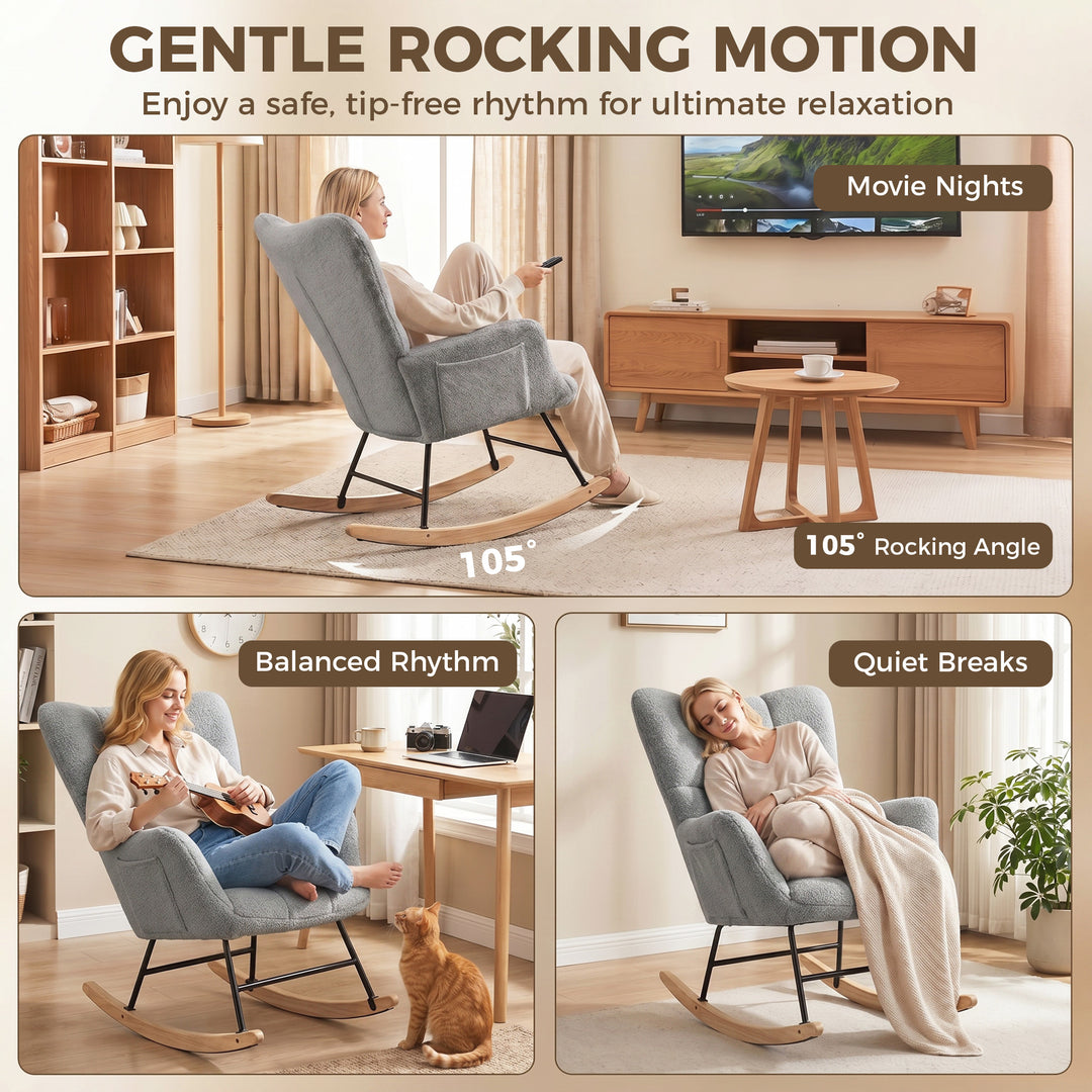 Rocking Chair, Teddy Fleece Rocker Chair with Tufted Wingback, Side Po