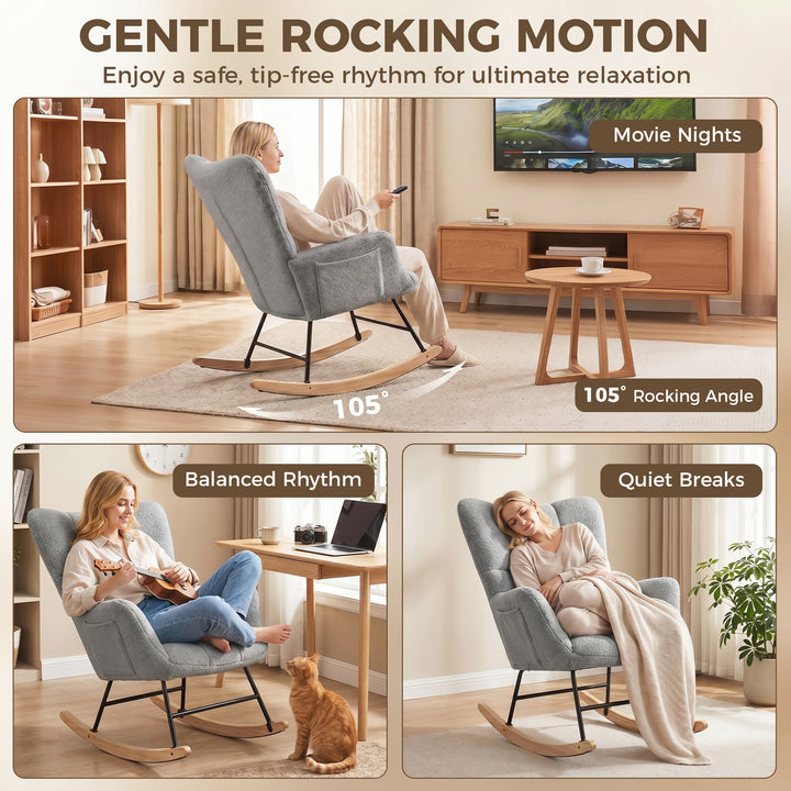 Rocking Chair, Teddy Fleece Rocker Chair with Tufted Wingback, Side Po